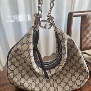 Gucci Beige and Navy Blue Monogram Shoulder Bag